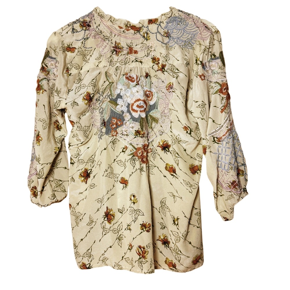 JOHNNY WAS BIYA Silk Blouse Embroidered Top Neutral Floral V-Neck Size Small - Picture 2 of 10